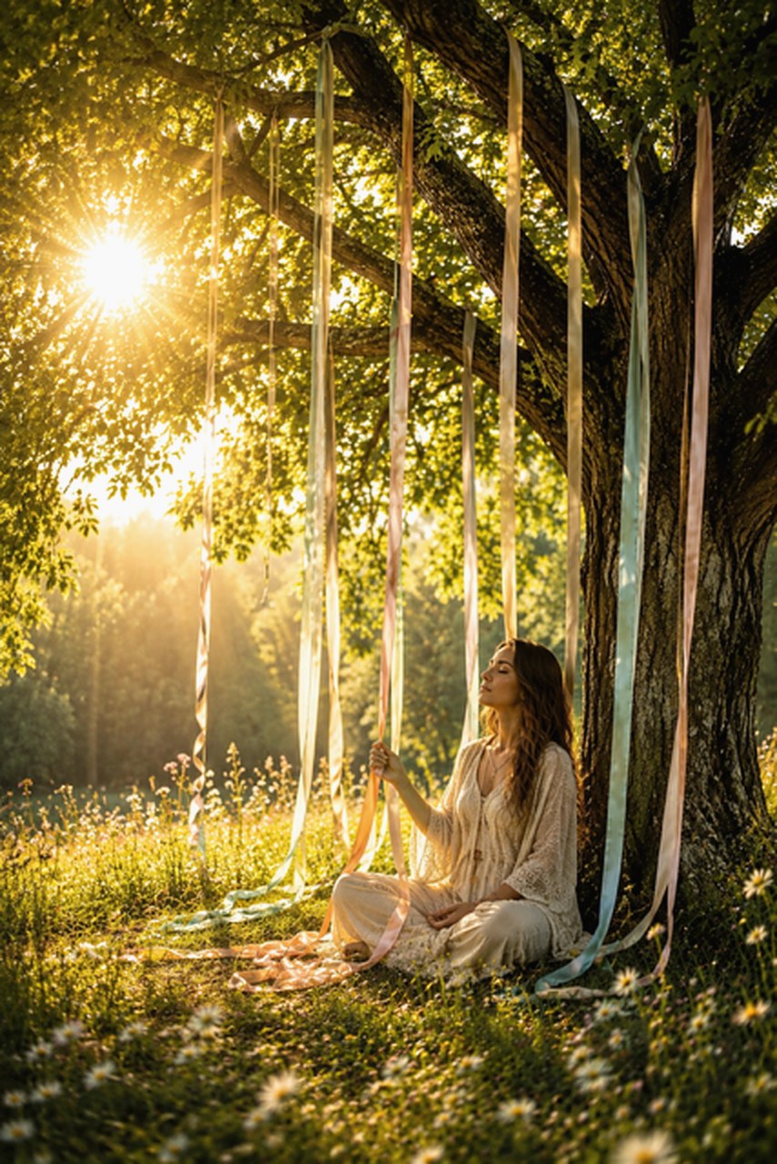 Sunlight through a large tree, ribbons hanging from its branches over a meadow